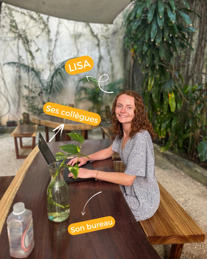 Lisa télétravaille depuis l'étranger avec ses collègues et son bureau